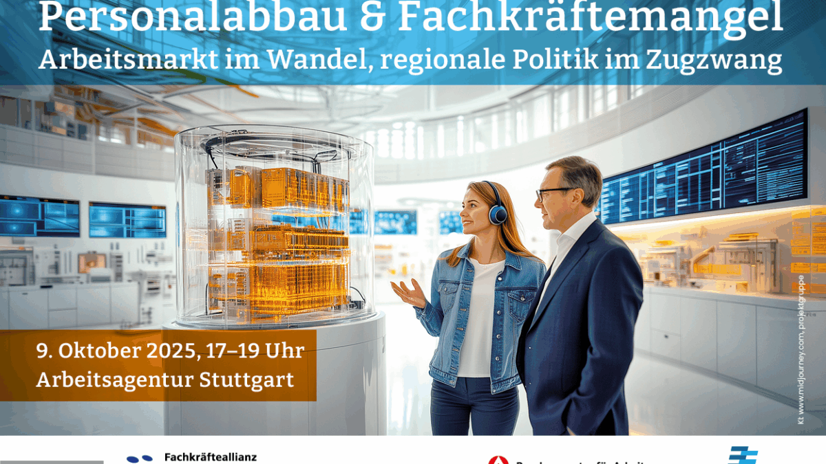 Bild Personalabbau & Fachkräftemangel – Arbeitsmarkt im Wandel, regionale Politik im Zugzwang zeigt Mann und Frau vor computersystem stehend und diskutierend, logos Fachkräfteallianz Region Stuttgart, wirtschaftsförderung Region Stuttgart GmbH und Agentur für arbeit Stuttgart