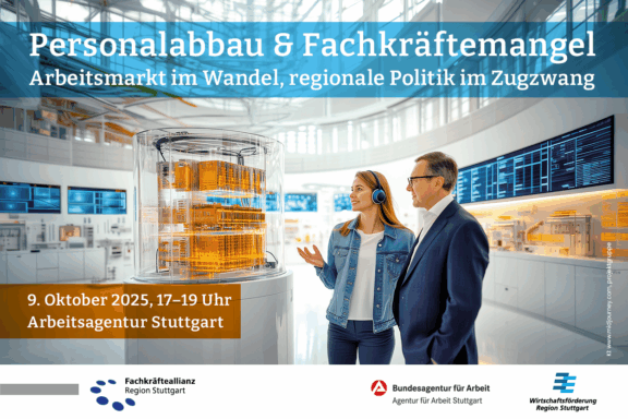 Bild Personalabbau & Fachkräftemangel – Arbeitsmarkt im Wandel, regionale Politik im Zugzwang zeigt Mann und Frau vor computersystem stehend und diskutierend, logos Fachkräfteallianz Region Stuttgart, wirtschaftsförderung Region Stuttgart GmbH und Agentur für arbeit Stuttgart